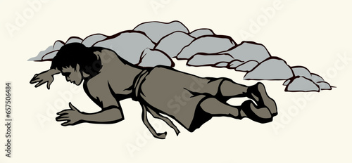 An exhausted person lies on the ground. Vector drawing