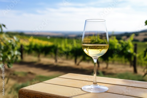 glass of white wine with vineyard in background