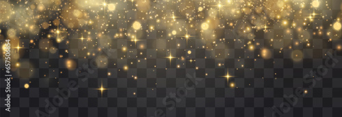 Bokeh lights effect isolated on png background. Soft blured bokeh and dusty shine lights. Festive golden luminous background. Vector Christmas concept isolated on transparent background