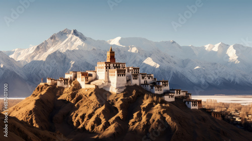 Namgyal Tsemo Monastery is located in the background of the Leh Palace,leh,India generative ai photo