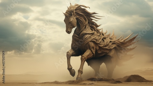 Mythical horse sculpture made from brown bronze clay depicting a legendary stallion that runs in a desert only when a huge sand storm appears.  photo