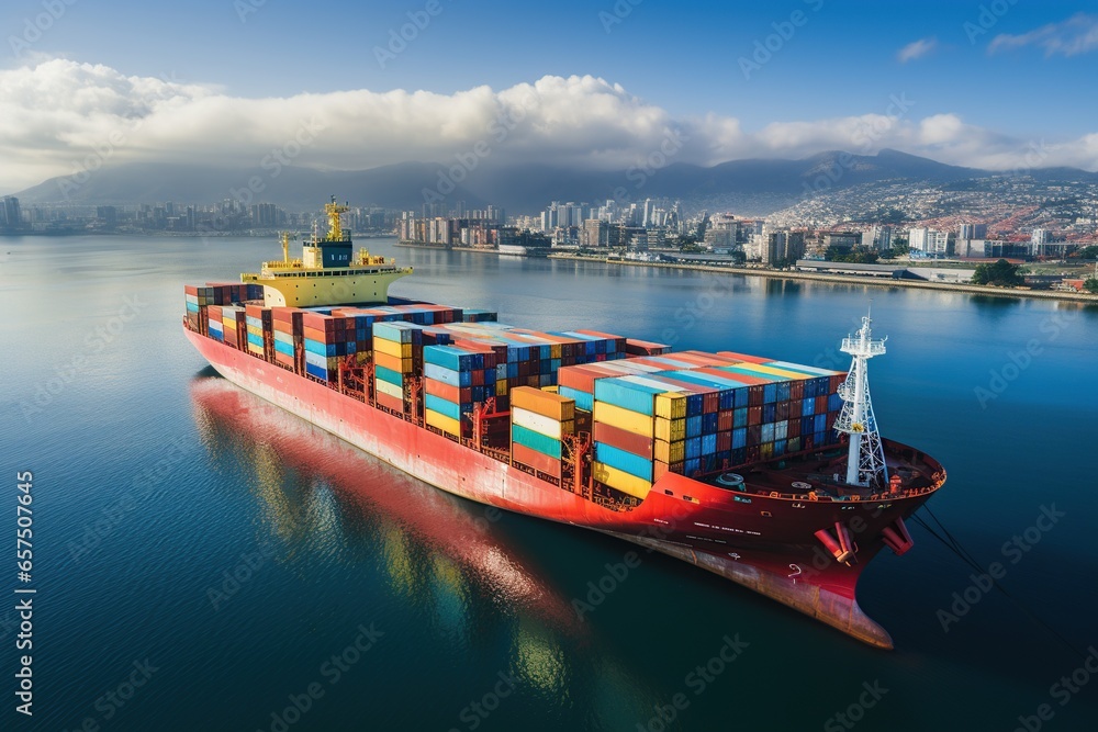 photograph of Aerial top view container ship with crane bridge for load container, logistics import export, shipping or transportation concept background - obrazy, fototapety, plakaty 