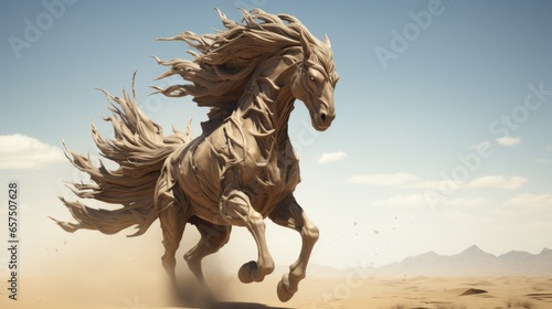 Mythical horse sculpture made from brown bronze clay depicting a legendary stallion that runs in a desert only when a huge sand storm appears. 
