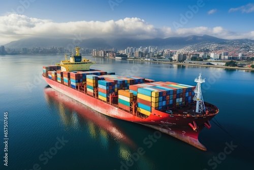 photograph of Aerial top view container ship with crane bridge for load container, logistics import export, shipping or transportation concept background photo