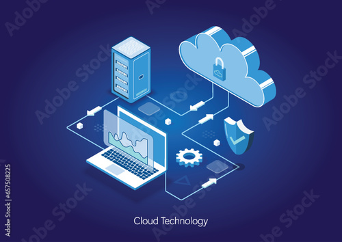 Isometric Modern Cloud Technology and Networking, Big Data Flow Processing Concept. Cloud Service, Cloud Storage Web Cloud Technology Business.