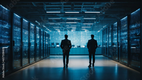 Back view of two people standing in server room with data center