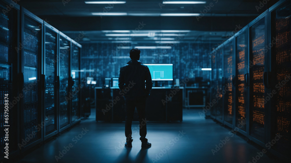 Back view of man standing in server room with data center