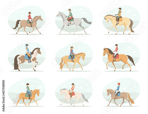 Set of miniatures, a riding school, riders riding horses at a trot