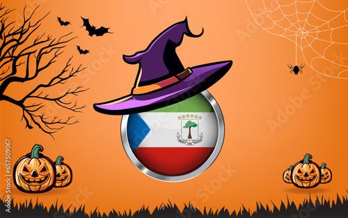 equatorial guinea round flag with Happy Halloween banner or party invitation background. bats, spiders and pumpkins, orange background