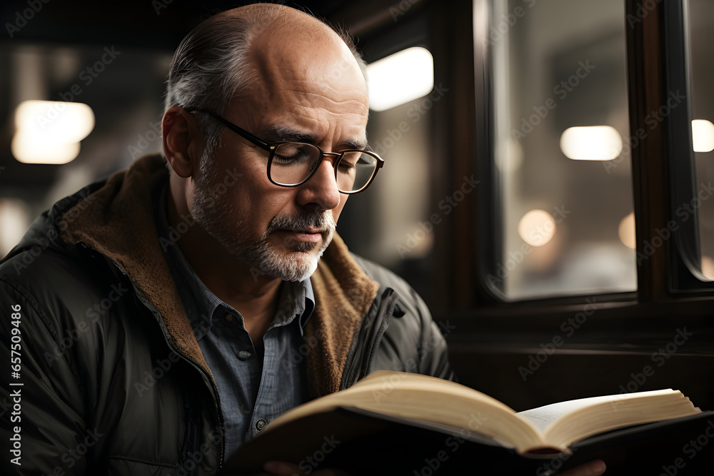 A unique and diverse profile of a balding middle-aged man with glasses reading a book. A unique and diverse profile of a balding middle-aged man with glasses reading a book.