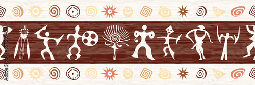 Ethnic seamless border on the theme of rock paintings, vector design, banner	