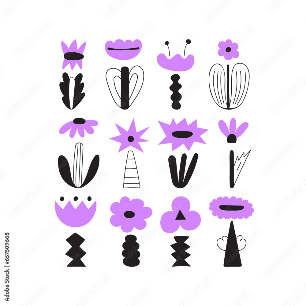 Set of abstract flowers. Hand drawn vector floral illustrations. Modern doodle, flower elements in groovy style. Collection flower illustrations for print, posters, social media posts, apparel, sticke