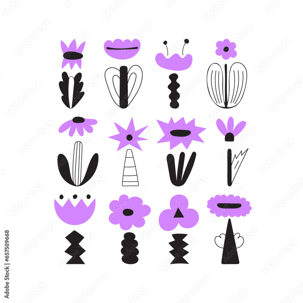 Set of abstract flowers. Hand drawn vector floral illustrations. Modern doodle, flower elements in groovy style. Collection flower illustrations for print, posters, social media posts, apparel, sticke Set of abstract flowers. Hand drawn vector floral illustrations. Modern doodle, flower elements in groovy style. Collection flower illustrations for print, posters, social media posts, apparel, sticke