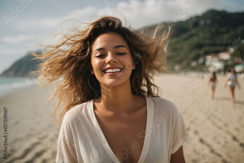 A woman embraces the beauty of the beach and the freedom of the open air with a joyful smile and a sense of pure bliss.
