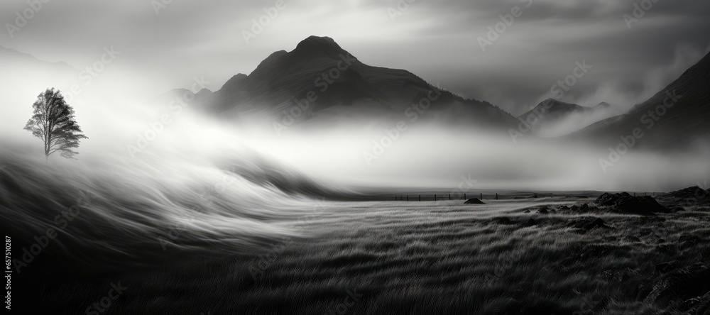 In this wide-format background image, a solitary tree atop a mist-covered hill standing in stark contrast against a dramatic black and white landscape. Photorealistic illustration