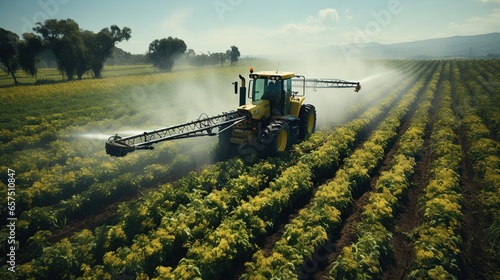 Taking care of the Crop. Aerial view of a Tractor fertilizing a cultivated agricultural field photo