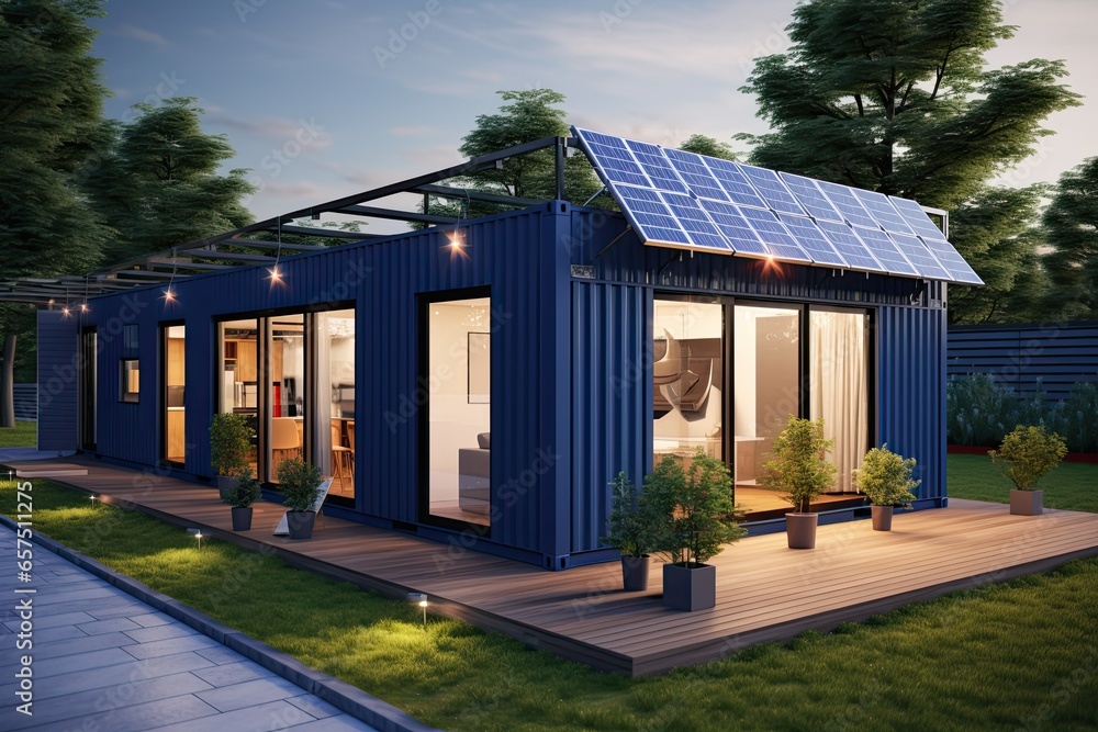 container modular and portable house with solar panels. self-sufficient and sustainable energy