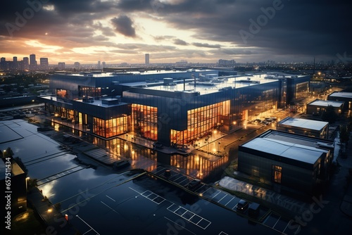 photograph of Top view of warehouses, aerial view of large logistics warehouses in the evening