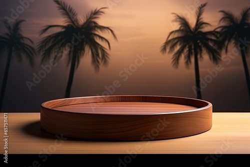 palm tree in sunlight, cosmetic, organic, nature, health, food product display banner background, leaf shadow on wall for luxury beauty, Modern, minimal round wooden podium tray on white table. © Rangga Bimantara