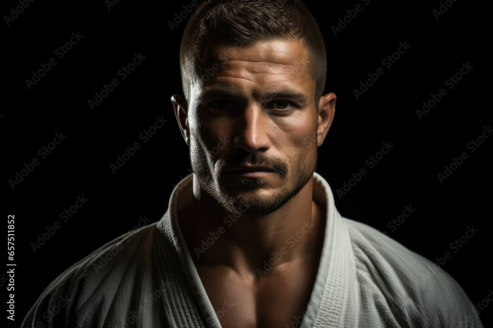 Male wrestler athlete in a kimono. Judo, jiu jitsu or sambo trainer on a black background