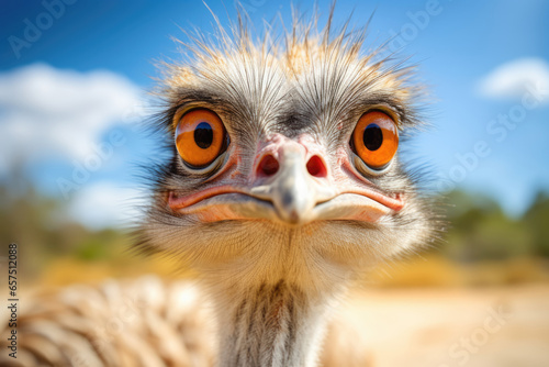 Funny muzzle ostrich portrait against a blue sky