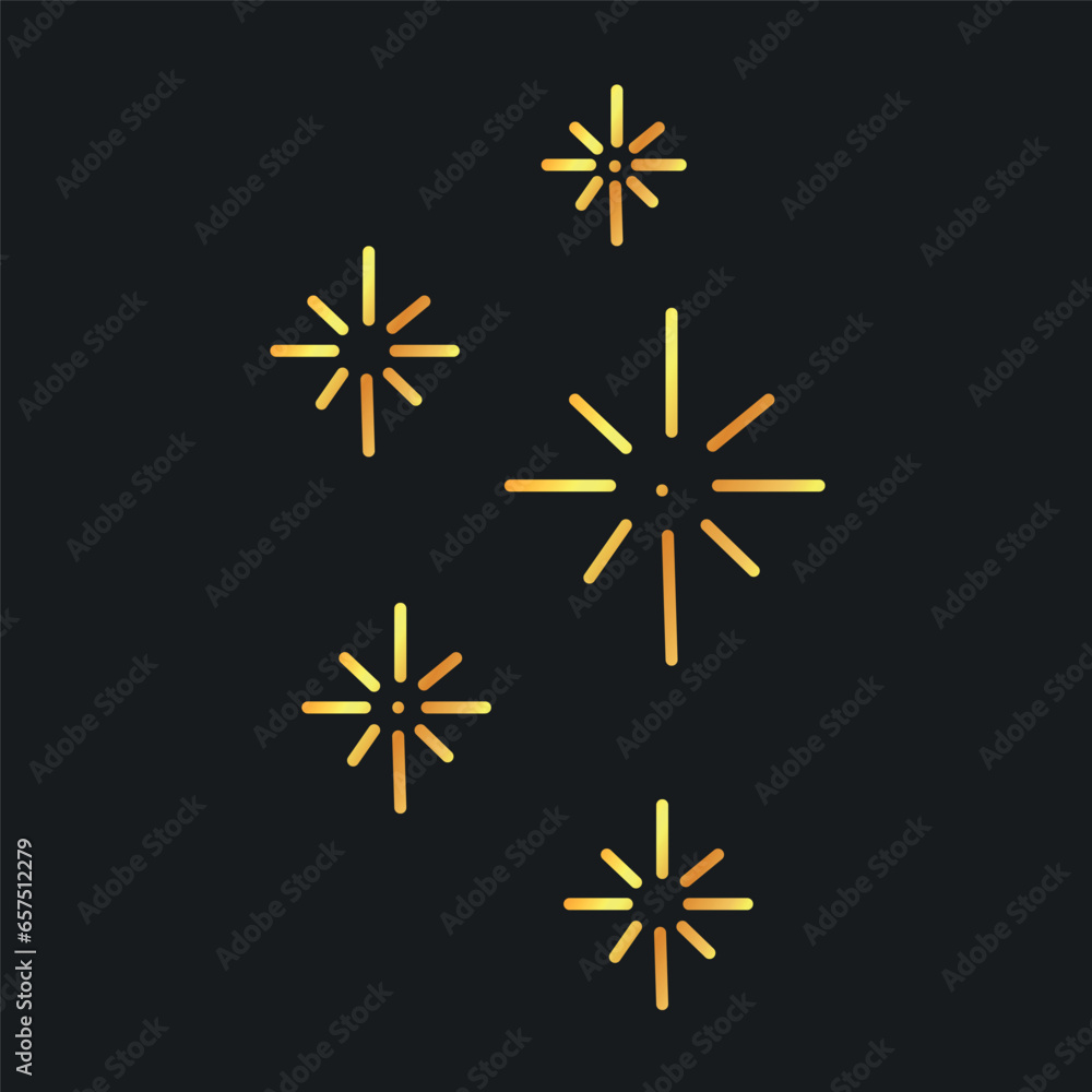 Fototapeta premium Set of golden gradient sun flares, metallic vector elements on dark background, four stars.