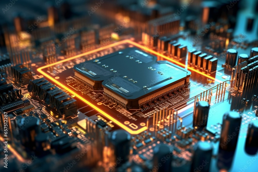 3D computer graphics of circuit board with microchips, CPU processor, transistors, and