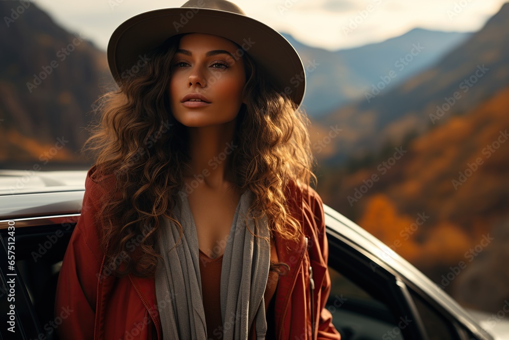 Woman traveler sitting on hatchback car with mountain background Woman traveler sitting on hatchback car with mountain background