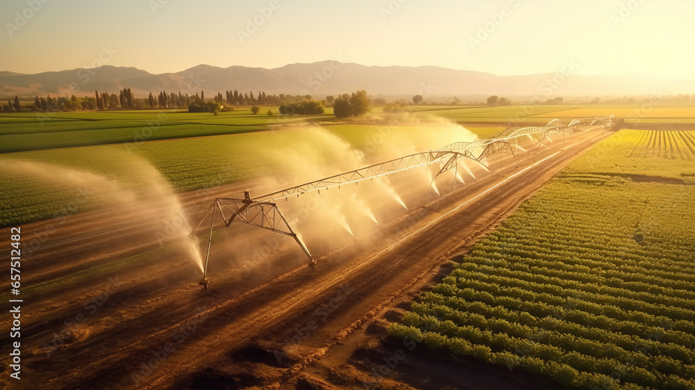 Fototapeta premium watering crop for more growth. Center pivot system irrigation. Watering crop in field at farm.generative ai