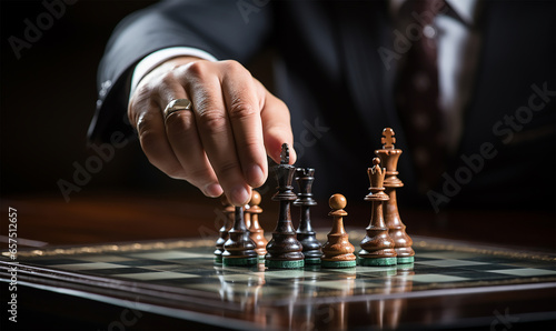 businessman's hand expertly maneuvering a chess piece on a detailed chess board