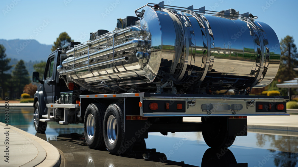 Food cistern. Fast transport of goods. Tank truck in motion. Water or milk delivery