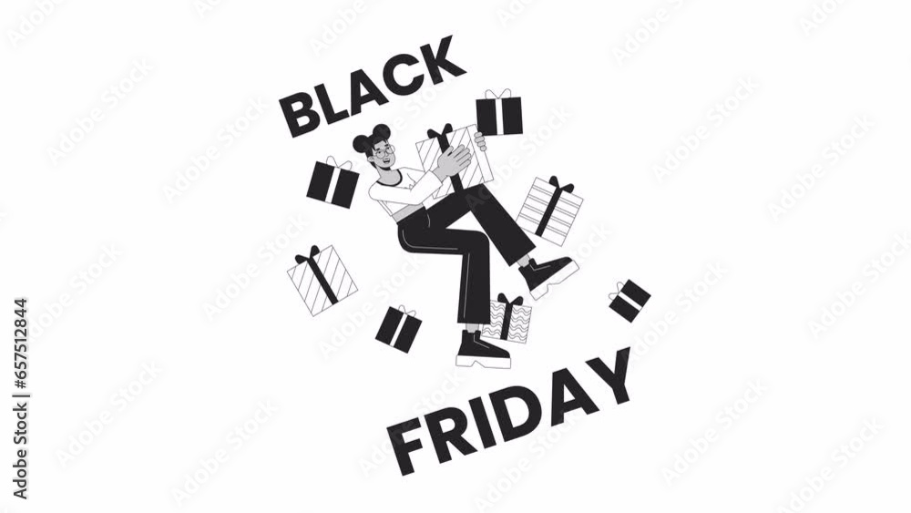 Offer black friday gifts bw outline 2D animation. Black girl shopper holding presents sale 4K video motion graphic. Holiday rewards monochrome linear animated cartoon flat concept, white background Offer black friday gifts bw outline 2D animation. Black girl shopper holding presents sale 4K video motion graphic. Holiday rewards monochrome linear animated cartoon flat concept, white background