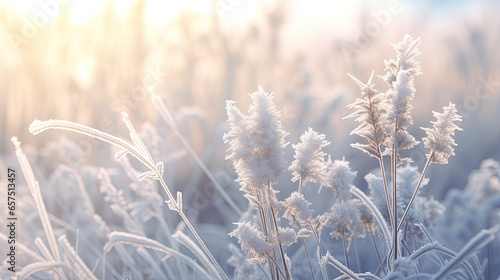 Beautiful winter background with a plants covered with hoarfrost photo