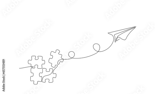 Continuous line drawing of paper plane flying up connected with puzzle pieces, jigsaw. Problem solving and solution business metaphor, idea concept. One single line drawing for thinking process Vector