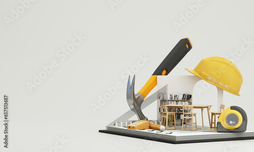 Fototapeta Naklejka Na Ścianę i Meble -  interior design concept of the contractor and construction cost estimation Through pictures of living rooms Surrounded by carpentry equipment for renovations, safety first. cartoon style. 3d render