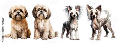 Lhasa apso and Chinese Crested Dog, standing and sitting. isolated on transparent background