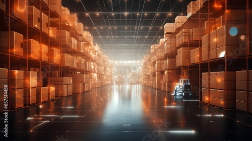 Futuristic Warehouse, Illuminated Aisles and Automated Logistics. generative ai