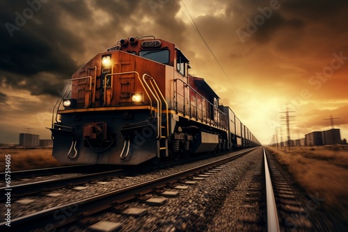 An image showing a cargo train moving on tracks. Generative AI