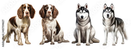 Brittany and Siberian Husky dog  sitting and standing. Isolated on transparent background