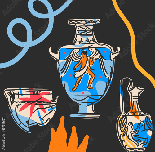 Hand drawn vector abstract graphic, antique ancient sculpture statues and vase line art modern poster art.Antique vintage classic sculpture in trendy line style.Antique statue design background.