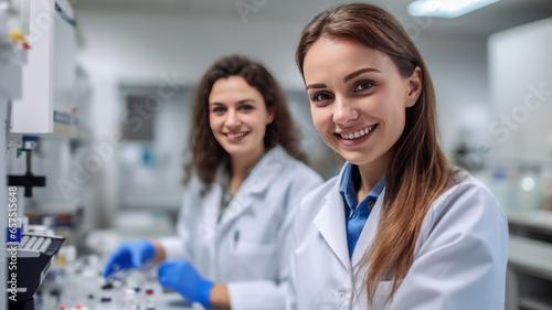 two Female lab assistant is working on a technical device smiling,