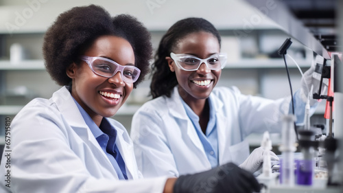 two Female lab assistant is working on a technical device smiling,