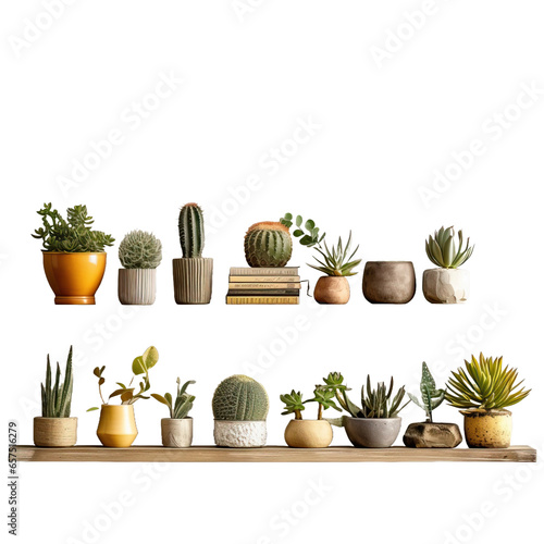 Home interior design room decor with mini potted plants cactus and succulent plants on wooden shelf on concrete wall loft style background