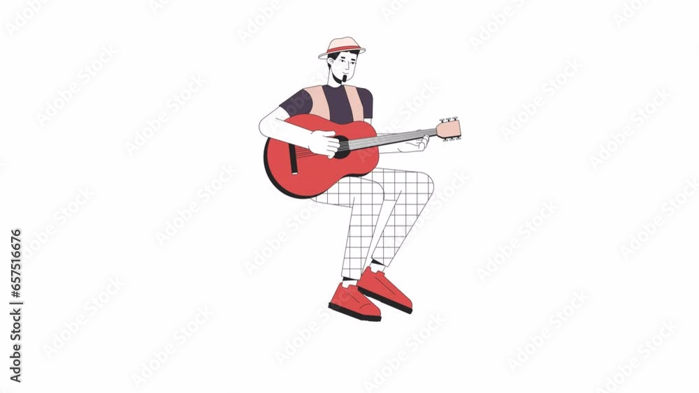 Male country musician plucking strings guitar line 2D character animation. Musical teaching flat color cartoon 4K video, alpha channel. Guitarist student animated person on white background Male country musician plucking strings guitar line 2D character animation. Musical teaching flat color cartoon 4K video, alpha channel. Guitarist student animated person on white background