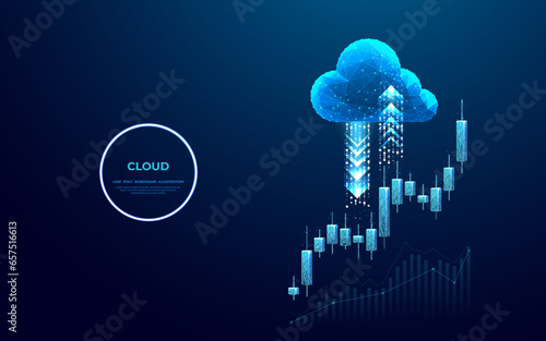 Abstract cloud storage icon with arrows up and down and Japanese candlesticks as stock market or trading concept. Graph chart on technology blue background. Low poly wireframe vector illustration.
