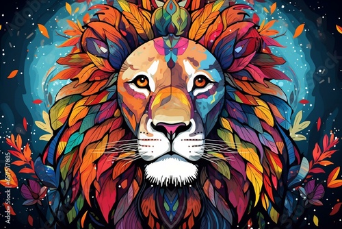 Illustration of lion s head with colorful face on floral background. Generative AI