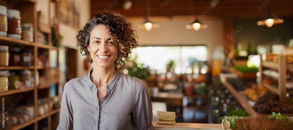 Portrait of a woman smiling alone in modern kitchen interior at home having fun enjoy freedom healthy lifestyle concept
