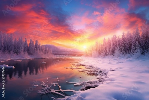 Scenic winter landscape under colorful sky. Generative AI