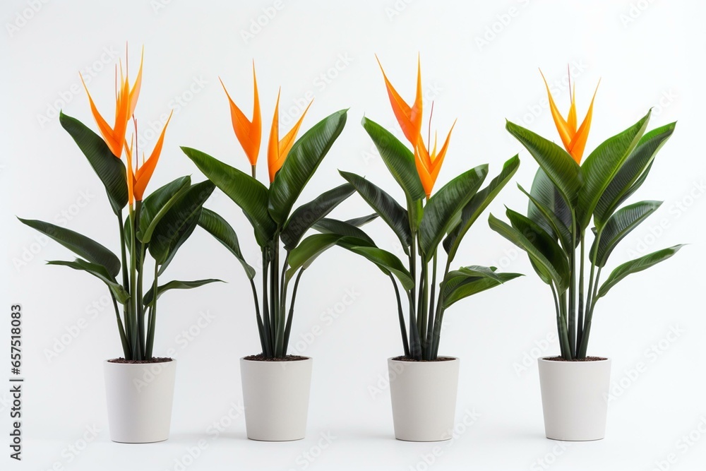 Strelitzia potted plants against a white background. Generative AI Strelitzia potted plants against a white background. Generative AI
