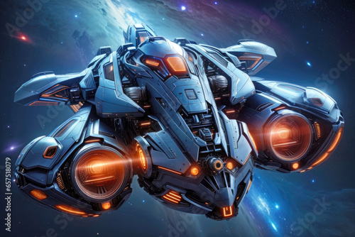 Fototapeta Naklejka Na Ścianę i Meble -  Realistic sleek futuristic alien spaceship flying in a nebula galaxy with engines roaring and lights glowing